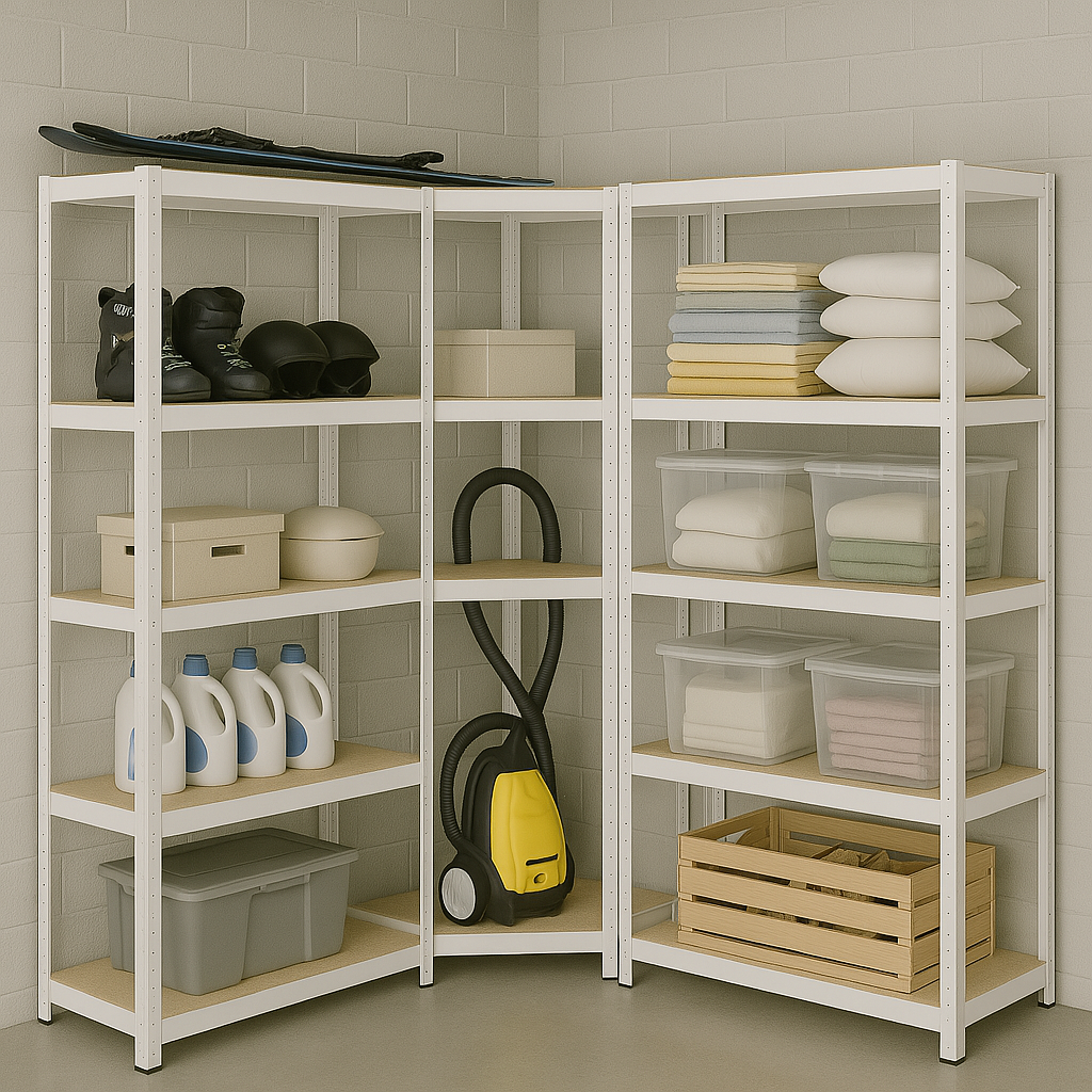 Rohový regál biely v zostave